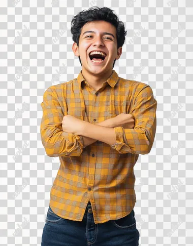 A young mexican men wearing jeans and a yellow checkered long-sleeved shirt is standing in front of the camera, with an excited expression and celebrating with a pose semi-profiled with one arm crossed and with the other arm he makes a flea-up gesture . She has short black hair and slightly curly bangs. The background color is white to highlight him. Capture the moment when she's conveying joy as if something interesting or amazing had just landed on it, in the style of Canon EOS R5.