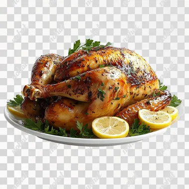 A photorealistic image of a roasted golden turkey on a white plate, garnished with lemon slices and fresh parsley, floating at a slight angle in mid-air. The composition emphasizes the glossy, crispy skin and colorful garnish details, on a clean white background with no shadows.    --s 250