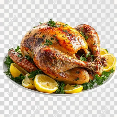 A photorealistic image of a roasted golden turkey on a white plate, garnished with lemon slices and fresh parsley, floating at a slight angle in mid-air. The composition emphasizes the glossy, crispy skin and colorful garnish details, on a clean white background with no shadows.    --s 250