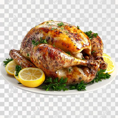 A photorealistic image of a roasted golden turkey on a white plate, garnished with lemon slices and fresh parsley, floating at a slight angle in mid-air. The composition emphasizes the glossy, crispy skin and colorful garnish details, on a clean white background with no shadows.    --s 250