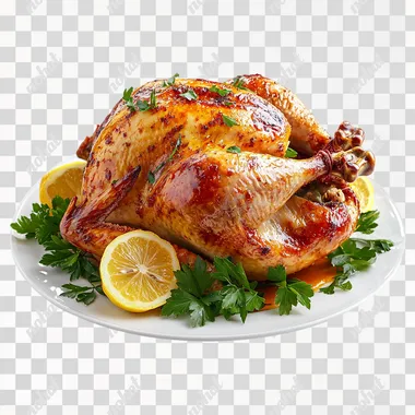 A photorealistic image of a roasted golden turkey on a white plate, garnished with lemon slices and fresh parsley, floating at a slight angle in mid-air. The composition emphasizes the glossy, crispy skin and colorful garnish details, on a clean white background with no shadows.    --s 250