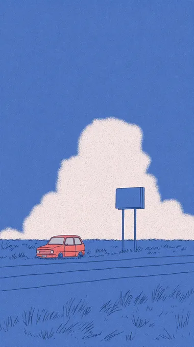 On a deserted field, a red car is driving on a lonely road. The skyline is in the middle and lower part of the picture, with large white clouds in the sky. In the middle of the picture, there is a large blank billboard, which accounts for 30% of the picture,sketchy strokesnegative space 40%vintage notebook texture Flat illustration, cute cartoon design, city street background, modern style   --s 500  1831983442 rofile c6so3sz  --raw --sv 4