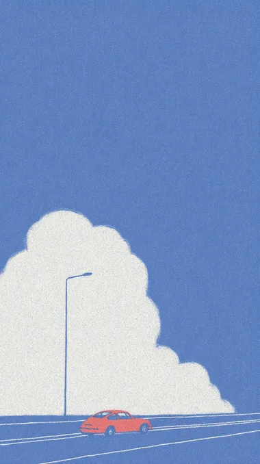 On a deserted field, a red car is driving on a lonely road. The skyline is in the middle and lower part of the picture, with large white clouds in the sky. In the middle of the picture, there is a large blank billboard, which accounts for 30% of the picture,sketchy strokesnegative space 40%vintage notebook texture Flat illustration, cute cartoon design, city street background, modern style   --s 500  1831983442 rofile c6so3sz  --raw --sv 4