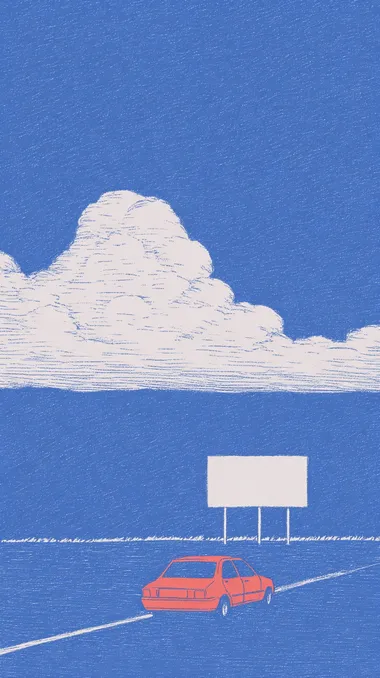 On a deserted field, a red car is driving on a lonely road. The skyline is in the middle and lower part of the picture, with large white clouds in the sky. In the middle of the picture, there is a large blank billboard, which accounts for 30% of the picture,sketchy strokesnegative space 40%vintage notebook texture Flat illustration, cute cartoon design, city street background, modern style   --s 500  1831983442 rofile c6so3sz  --raw --sv 4