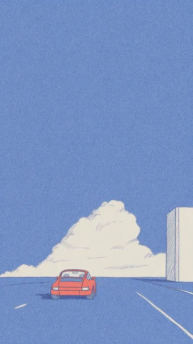 On a deserted field, a red car is driving on a lonely road. The skyline is in the middle and lower part of the picture, with large white clouds in the sky. In the middle of the picture, there is a large blank billboard, which accounts for 30% of the picture,sketchy strokesnegative space 40%vintage notebook texture Flat illustration, cute cartoon design, city street background, modern style   --s 500  1831983442 rofile c6so3sz  --raw --sv 4