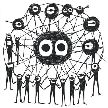 High definition, a simple vector icon of people connected in an intricate network, each person represented by a circular silhouette with visible lines connecting them to other figures within the circle. The icons have bold outlines and appear hand-drawn or drawn using thick black ink on white background. There is no shading or gradients inside the silhouettes. Each figure has two distinct eyes, nose, mouth, ears, arms and legs, with one arm raised as if waving at another character across from him. They all wear casual attire, like t-shirts or hoodies. In total there should be seven icons in the design.