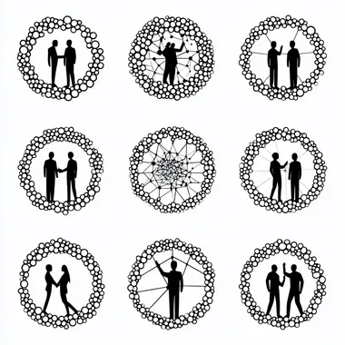 High definition, a simple vector icon of people connected in an intricate network, each person represented by a circular silhouette with visible lines connecting them to other figures within the circle. The icons have bold outlines and appear hand-drawn or drawn using thick black ink on white background. There is no shading or gradients inside the silhouettes. Each figure has two distinct eyes, nose, mouth, ears, arms and legs, with one arm raised as if waving at another character across from him. They all wear casual attire, like t-shirts or hoodies. In total there should be seven icons in the design.