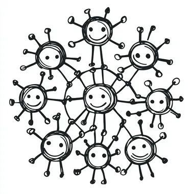 High definition, a simple vector icon of people connected in an intricate network, each person represented by a circular silhouette with visible lines connecting them to other figures within the circle. The icons have bold outlines and appear hand-drawn or drawn using thick black ink on white background. There is no shading or gradients inside the silhouettes. Each figure has two distinct eyes, nose, mouth, ears, arms and legs, with one arm raised as if waving at another character across from him. They all wear casual attire, like t-shirts or hoodies. In total there should be seven icons in the design.