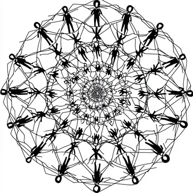 High definition, a simple vector icon of people connected in an intricate network, each person represented by a circular silhouette with visible lines connecting them to other figures within the circle. The icons have bold outlines and appear hand-drawn or drawn using thick black ink on white background. There is no shading or gradients inside the silhouettes. Each figure has two distinct eyes, nose, mouth, ears, arms and legs, with one arm raised as if waving at another character across from him. They all wear casual attire, like t-shirts or hoodies. In total there should be seven icons in the design.