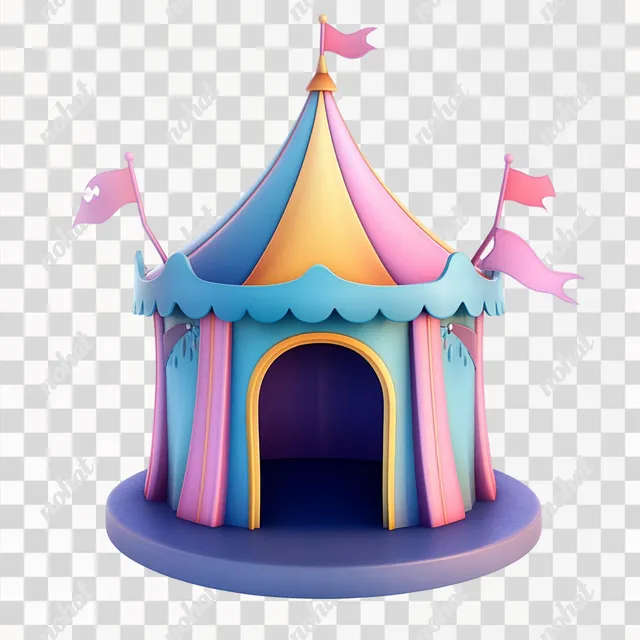 a colorful circus tent with flags on top of it