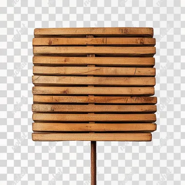 a wooden sign made of horizontal slats, on a single post. The sign is square, on a white background