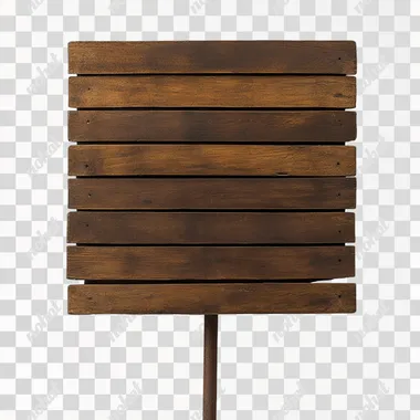 a wooden sign made of horizontal slats, on a single post. The sign is square, on a white background