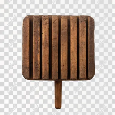 a wooden sign made of horizontal slats, on a single post. The sign is square, on a white background