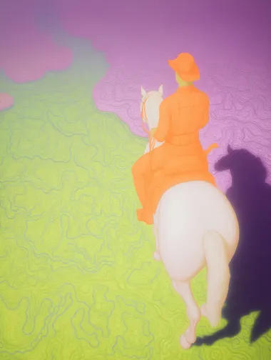A minimalist, surreal painting of an aerial view of a man on horseback riding through a misty, pink and green landscape in the style of James Turrell. The painting features a vibrant color palette of orange, white, cyan, blue, and purple, reminiscent of the work of Andrey Remnev. The painting is highly detailed and features rich, watercolor-like colors.    3vyiszm --s 1000    --sw 1000  --w 3000