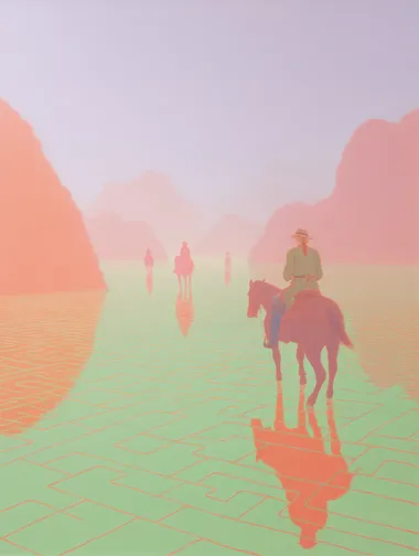 A minimalist, surreal painting of an aerial view of a man on horseback riding through a misty, pink and green landscape in the style of James Turrell. The painting features a vibrant color palette of orange, white, cyan, blue, and purple, reminiscent of the work of Andrey Remnev. The painting is highly detailed and features rich, watercolor-like colors.    3vyiszm --s 1000    --sw 1000  --w 3000