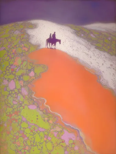 A minimalist, surreal painting of an aerial view of a man on horseback riding through a misty, pink and green landscape in the style of James Turrell. The painting features a vibrant color palette of orange, white, cyan, blue, and purple, reminiscent of the work of Andrey Remnev. The painting is highly detailed and features rich, watercolor-like colors.    3vyiszm --s 1000    --sw 1000  --w 3000