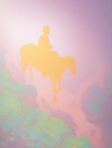 A minimalist, surreal painting of an aerial view of a man on horseback riding through a misty, pink and green landscape in the style of James Turrell. The painting features a vibrant color palette of orange, white, cyan, blue, and purple, reminiscent of the work of Andrey Remnev. The painting is highly detailed and features rich, watercolor-like colors.    3vyiszm --s 1000    --sw 1000  --w 3000