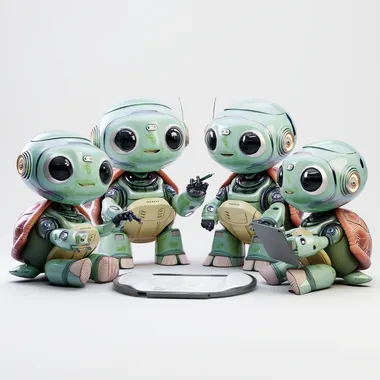 a group of friendly human like turtles with AI robot and chatbot elements. Each of them has a tablet in his hand and is using a pen to write on this tablet. They are sitting in a circle and write a book together using artificial intelligence. On a full white background. --raw   --oref  --ow 1