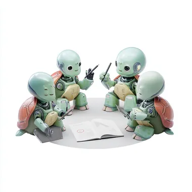 a group of friendly human like turtles with AI robot and chatbot elements. Each of them has a tablet in his hand and is using a pen to write on this tablet. They are sitting in a circle and write a book together using artificial intelligence. On a full white background. --raw   --oref  --ow 1