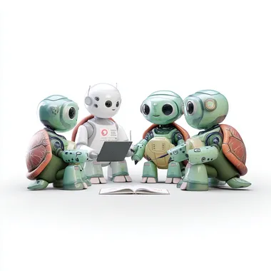 a group of friendly human like turtles with AI robot and chatbot elements. Each of them has a tablet in his hand and is using a pen to write on this tablet. They are sitting in a circle and write a book together using artificial intelligence. On a full white background. --raw   --oref  --ow 1