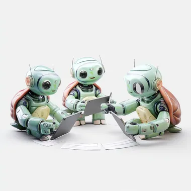 a group of friendly human like turtles with AI robot and chatbot elements. Each of them has a tablet in his hand and is using a pen to write on this tablet. They are sitting in a circle and write a book together using artificial intelligence. On a full white background. --raw   --oref  --ow 1