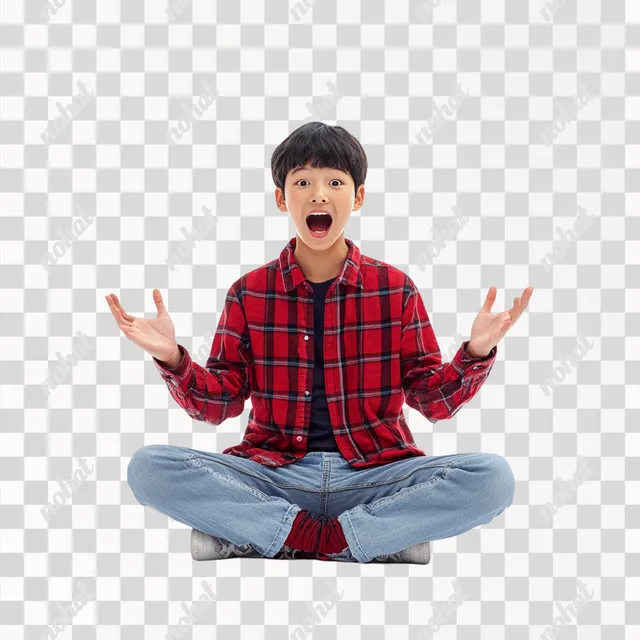 PNG Asian teen boy sitting on floor with hands raised, happy expression