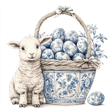 A cute baby sheep sitting beside a beautifully woven basket filled with Easter eggs, all intricately designed in an elegant blue and white Chinoiserie toile de Jouy style. The pattern features delicate floral motifs with clearly defined, graceful blossoms and vines wrapping around the eggs. A large, ornate ribbon with a vintage, flowing bow sits on top of the basket, harmonizing with the classic toile aesthetic. The bunny has soft, fluffy fur with high-contrast shading, expressive eyes, and finely detailed features, enhancing its charm. The overall style is a realistic watercolor painting with a vintage-inspired, cottagecore aesthetic. The composition is isolated on a crisp white background, ensuring the intricate floral patterns stand out beautifully.