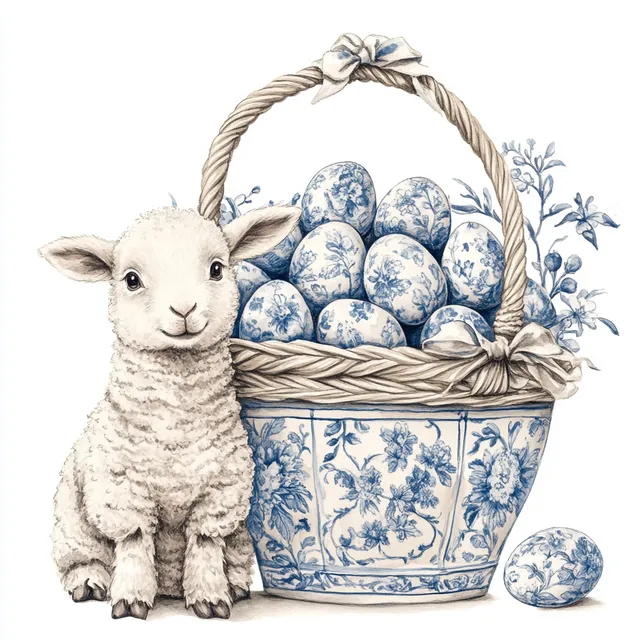 Baby sheep beside Easter egg basket in elegant Chinoiserie style