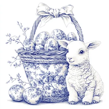 A cute baby sheep sitting beside a beautifully woven basket filled with Easter eggs, all intricately designed in an elegant blue and white Chinoiserie toile de Jouy style. The pattern features delicate floral motifs with clearly defined, graceful blossoms and vines wrapping around the eggs. A large, ornate ribbon with a vintage, flowing bow sits on top of the basket, harmonizing with the classic toile aesthetic. The bunny has soft, fluffy fur with high-contrast shading, expressive eyes, and finely detailed features, enhancing its charm. The overall style is a realistic watercolor painting with a vintage-inspired, cottagecore aesthetic. The composition is isolated on a crisp white background, ensuring the intricate floral patterns stand out beautifully.