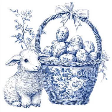 A cute baby sheep sitting beside a beautifully woven basket filled with Easter eggs, all intricately designed in an elegant blue and white Chinoiserie toile de Jouy style. The pattern features delicate floral motifs with clearly defined, graceful blossoms and vines wrapping around the eggs. A large, ornate ribbon with a vintage, flowing bow sits on top of the basket, harmonizing with the classic toile aesthetic. The bunny has soft, fluffy fur with high-contrast shading, expressive eyes, and finely detailed features, enhancing its charm. The overall style is a realistic watercolor painting with a vintage-inspired, cottagecore aesthetic. The composition is isolated on a crisp white background, ensuring the intricate floral patterns stand out beautifully.