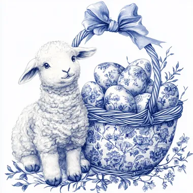 A cute baby sheep sitting beside a beautifully woven basket filled with Easter eggs, all intricately designed in an elegant blue and white Chinoiserie toile de Jouy style. The pattern features delicate floral motifs with clearly defined, graceful blossoms and vines wrapping around the eggs. A large, ornate ribbon with a vintage, flowing bow sits on top of the basket, harmonizing with the classic toile aesthetic. The bunny has soft, fluffy fur with high-contrast shading, expressive eyes, and finely detailed features, enhancing its charm. The overall style is a realistic watercolor painting with a vintage-inspired, cottagecore aesthetic. The composition is isolated on a crisp white background, ensuring the intricate floral patterns stand out beautifully.