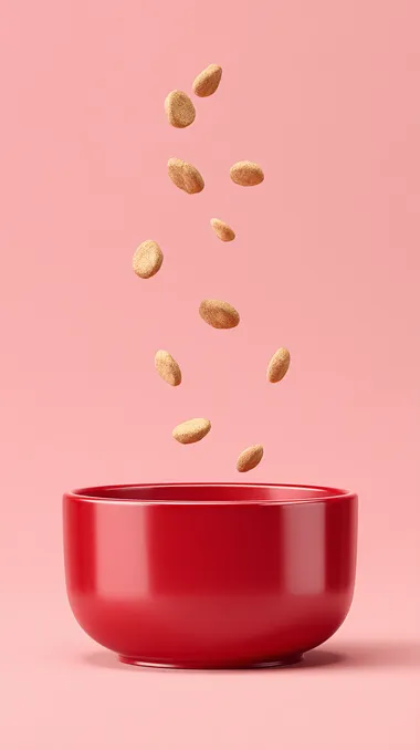 dry dog food falling into a round glossy ceramic dog bowl, bowl is red and identical in shape to a wide low cylinder, food caught in mid-air, some pieces already in the bowl, others bouncing or scattered around, pastel background, soft studio lighting, clean minimal style, 8k ultra detailed product photo  --raw rofile gkq8pk6