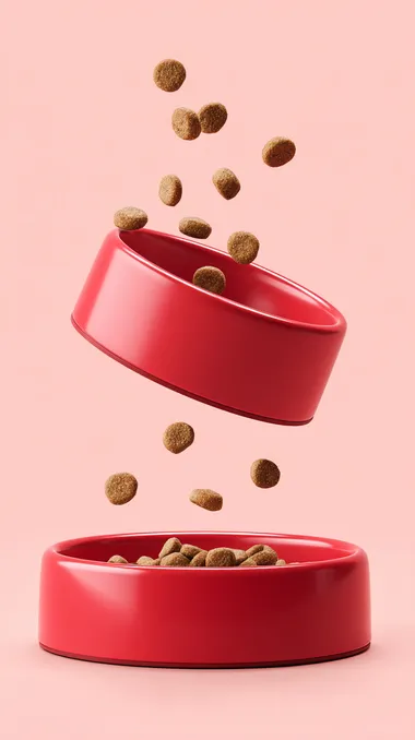 dry dog food falling into a round glossy ceramic dog bowl, bowl is red and identical in shape to a wide low cylinder, food caught in mid-air, some pieces already in the bowl, others bouncing or scattered around, pastel background, soft studio lighting, clean minimal style, 8k ultra detailed product photo  --raw rofile gkq8pk6