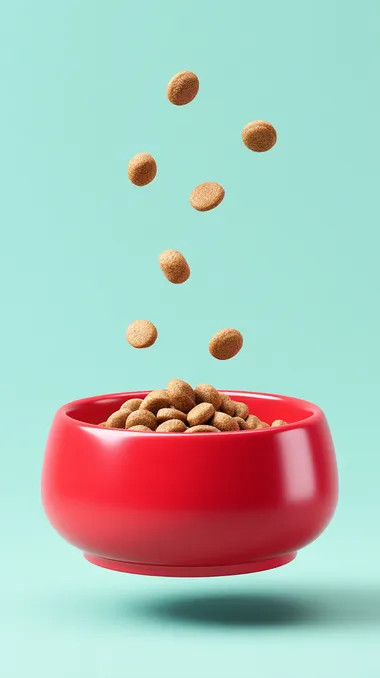 dry dog food falling into a round glossy ceramic dog bowl, bowl is red and identical in shape to a wide low cylinder, food caught in mid-air, some pieces already in the bowl, others bouncing or scattered around, pastel background, soft studio lighting, clean minimal style, 8k ultra detailed product photo  --raw rofile gkq8pk6