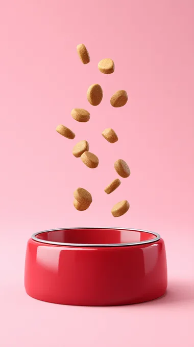 dry dog food falling into a round glossy ceramic dog bowl, bowl is red and identical in shape to a wide low cylinder, food caught in mid-air, some pieces already in the bowl, others bouncing or scattered around, pastel background, soft studio lighting, clean minimal style, 8k ultra detailed product photo  --raw rofile gkq8pk6