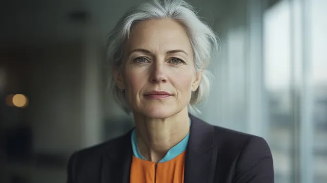 Confident businesswoman in black jacket and orange shirt in modern office