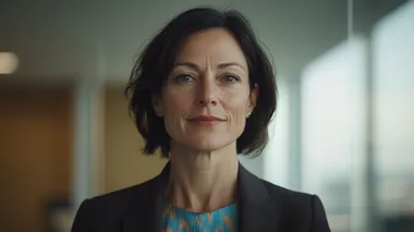A professional portrait of a confident middle-aged businesswoman, elegantly dressed in a tailored blazer and silk blouse, featuring a custom color palette of warm coral-orange (#F98A71), deep purple (#9265C4), soft cream (#F2ECCE), and vibrant turquoise-green (#6BF2C1). Her poised and determined expression conveys leadership and wisdom. Her short, well-styled hair frames her face, and subtle makeup enhances her natural features. The softly blurred background showcases a modern office with large windows, reflecting hues of the custom color scheme. Cinematic and high-end corporate feel, shot with a Canon EOS R5, 85mm f/1.2 lens, shallow depth of field, natural and balanced lighting, photorealistic textures   rofile d7sot8n