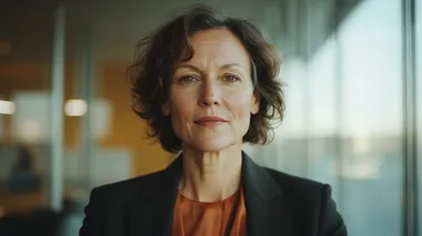 A professional portrait of a confident middle-aged businesswoman, elegantly dressed in a tailored blazer and silk blouse, featuring a custom color palette of warm coral-orange (#F98A71), deep purple (#9265C4), soft cream (#F2ECCE), and vibrant turquoise-green (#6BF2C1). Her poised and determined expression conveys leadership and wisdom. Her short, well-styled hair frames her face, and subtle makeup enhances her natural features. The softly blurred background showcases a modern office with large windows, reflecting hues of the custom color scheme. Cinematic and high-end corporate feel, shot with a Canon EOS R5, 85mm f/1.2 lens, shallow depth of field, natural and balanced lighting, photorealistic textures   rofile d7sot8n