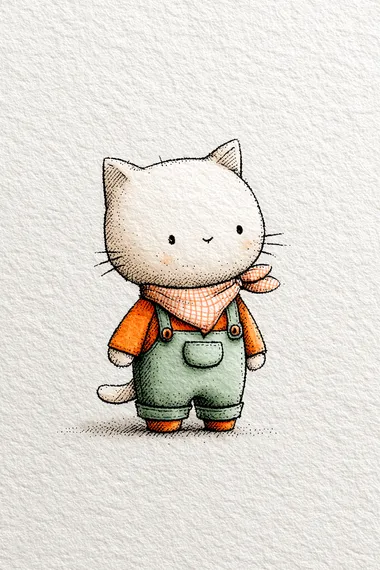 Full-length anthropomorphic cat wearing soft pink gingham bandana and overalls. The background is textured off-white paper. The style is fine-line, hand-drawn, whimsical storybook, vintage children's-book charm. The color palette is soft, muted pastel.   --raw rofile 2hqz6dw