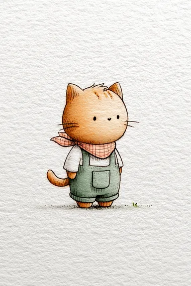 Full-length anthropomorphic cat wearing soft pink gingham bandana and overalls. The background is textured off-white paper. The style is fine-line, hand-drawn, whimsical storybook, vintage children's-book charm. The color palette is soft, muted pastel.   --raw rofile 2hqz6dw