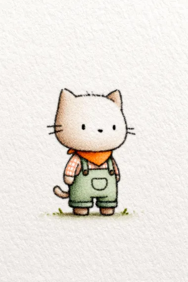 Full-length anthropomorphic cat wearing soft pink gingham bandana and overalls. The background is textured off-white paper. The style is fine-line, hand-drawn, whimsical storybook, vintage children's-book charm. The color palette is soft, muted pastel.   --raw rofile 2hqz6dw