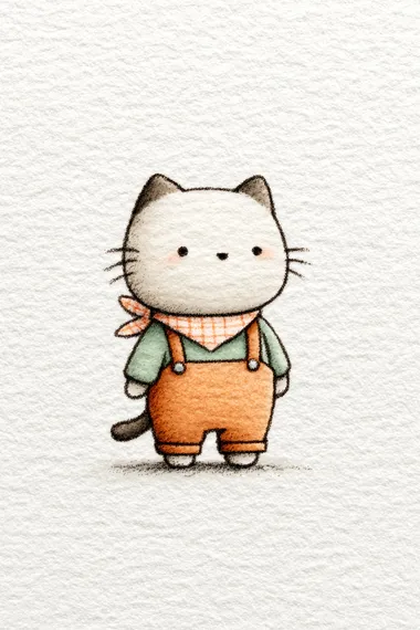 Full-length anthropomorphic cat wearing soft pink gingham bandana and overalls. The background is textured off-white paper. The style is fine-line, hand-drawn, whimsical storybook, vintage children's-book charm. The color palette is soft, muted pastel.   --raw rofile 2hqz6dw