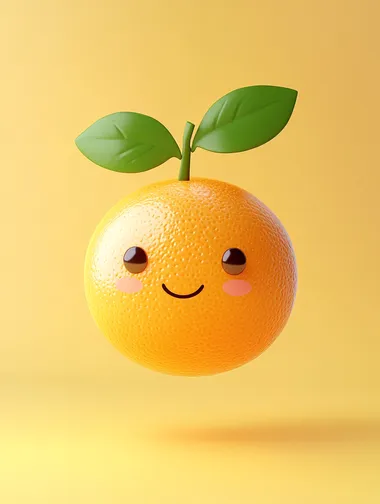 3d render of a cute orange with leaves, cartoon style, floating in the air, yellow solid background