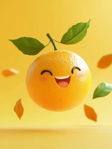 3d render of a cute orange with leaves, cartoon style, floating in the air, yellow solid background