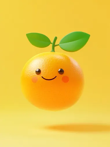 3d render of a cute orange with leaves, cartoon style, floating in the air, yellow solid background