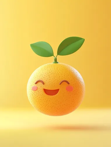 3d render of a cute orange with leaves, cartoon style, floating in the air, yellow solid background