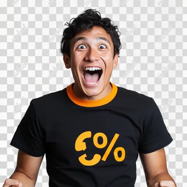 Create a realistic photograph of a Latin American person wearing a black T-shirt with an orange collar and a percentage symbol on the front. The background should be plain white, with soft, even lighting for a professional look. The person should have an ecstatic, celebratory expression--eyes wide, mouth open in excitement, as if celebrating a big achievement or success.