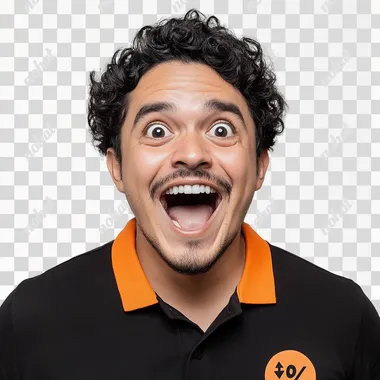 Create a realistic photograph of a Latin American person wearing a black T-shirt with an orange collar and a percentage symbol on the front. The background should be plain white, with soft, even lighting for a professional look. The person should have an ecstatic, celebratory expression--eyes wide, mouth open in excitement, as if celebrating a big achievement or success.