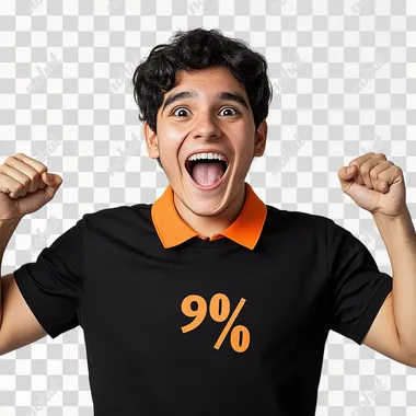 Create a realistic photograph of a Latin American person wearing a black T-shirt with an orange collar and a percentage symbol on the front. The background should be plain white, with soft, even lighting for a professional look. The person should have an ecstatic, celebratory expression--eyes wide, mouth open in excitement, as if celebrating a big achievement or success.