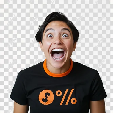 Create a realistic photograph of a Latin American person wearing a black T-shirt with an orange collar and a percentage symbol on the front. The background should be plain white, with soft, even lighting for a professional look. The person should have an ecstatic, celebratory expression--eyes wide, mouth open in excitement, as if celebrating a big achievement or success.